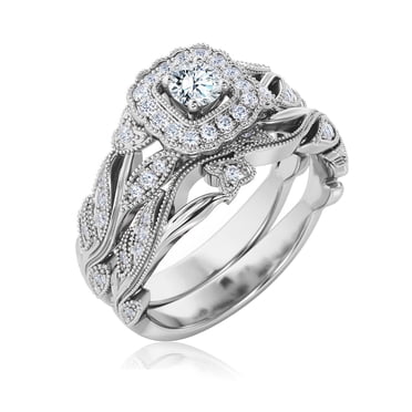 JeenMata Diamant de Laboratoire Rond de 1 Carat - Style Art Déco - Ensemble d'Alliances en Placage Or Blanc 18K pour Femmes