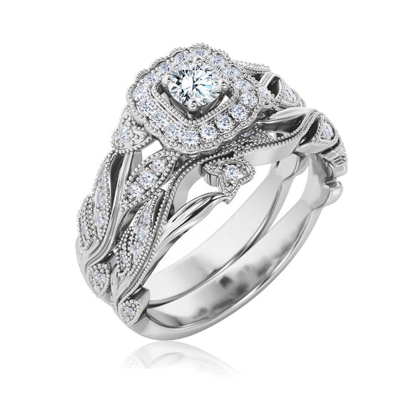 JeenMata Diamant de Laboratoire Rond de 1 Carat - Style Art Déco - Ensemble d'Alliances en Placage Or Blanc 18K pour Femmes