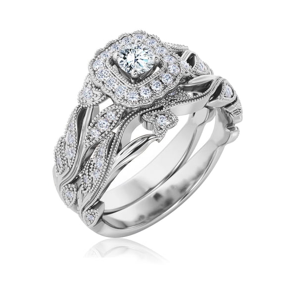JeenMata 1 Carat Round Cut Lab Grown Diamond - Art Deco Style - Wedding Ring Set in 18K White Gold Plating for Women