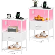 Eunos White Bedside Table Set of 2 with Charging Station, LED and Storage Shelfs for Bedroom Living Room