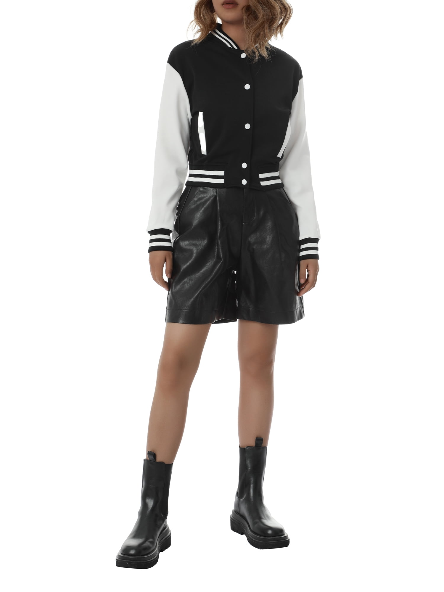 Women Varsity Baseball Jacket Casual Sweatshirt Long Sleeve Colorblock Button Down Cropped Bomber Coat