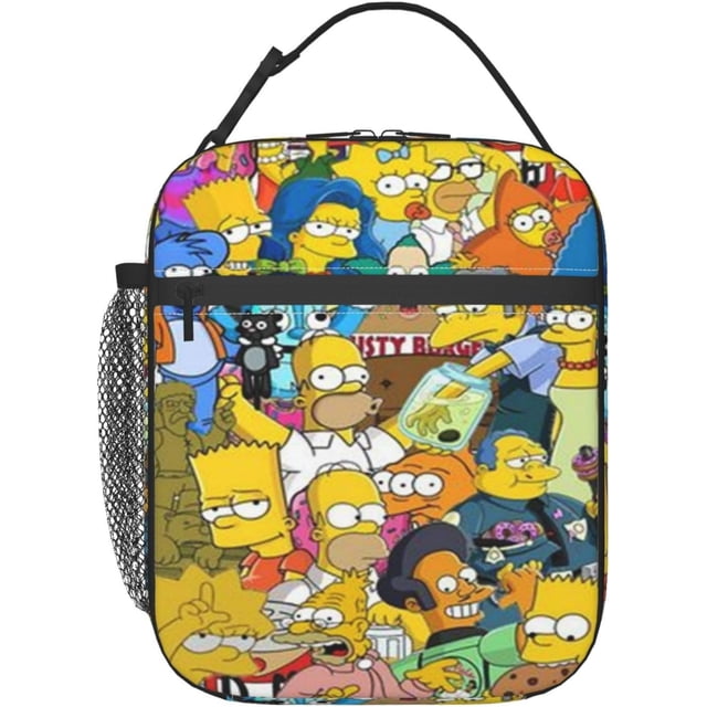 Simpsons Lunch Bag Insulated Lunch Box with Compartments, featuring a vibrant design of characters from The Simpsons. Made of durable Oxford cloth with a non-toxic aluminum foil lining, it is waterproof, insulated, and easy to clean. The bag measures 8x4x10 inches, offering a compact yet spacious design with a padded handle, smooth zipper, and a front pocket for small items. Suitable for work, hiking, travel, and outdoor activities like picnics and fishing.