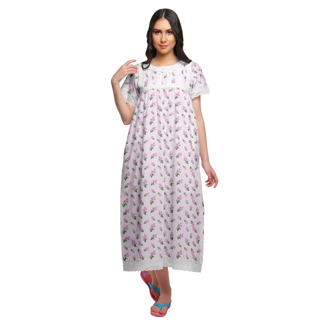 Moomaya Printed Nightdress For Ladies Cotton Ruffled Border Nursing Night Gown
