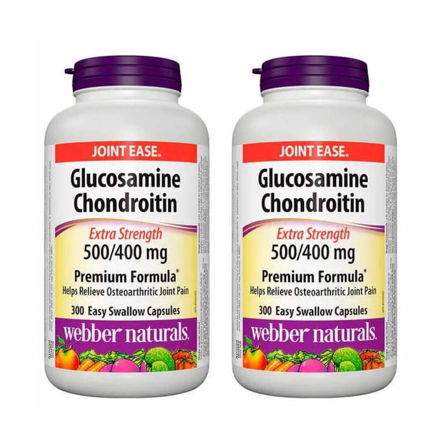 Webber Naturals Glucosamine & Chondroitin Sulfate Capsules, 300-count, 2-pack. Two white bottles with purple caps labeled 'Joint Ease' and 'Extra Strength 500/400 mg Premium Formula.' Each bottle contains 300 easy-to-swallow capsules designed for joint health support, promoting cartilage protection and mobility. The label highlights natural ingredients and absence of artificial colours, preservatives, or allergens like dairy and wheat.