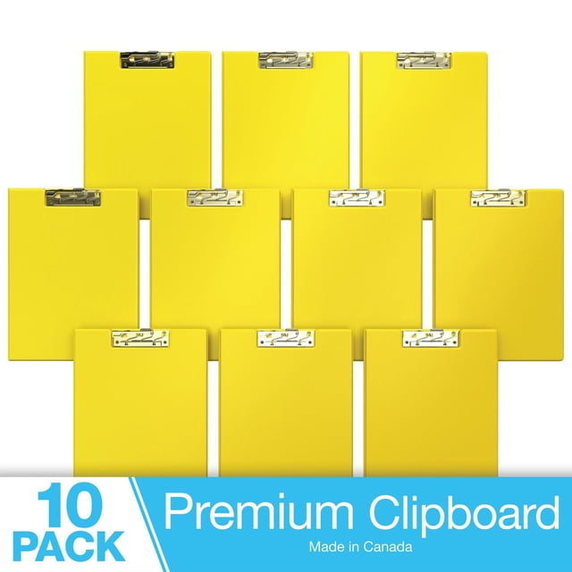 Davis Group Essential Clipboards 10-pack featuring yellow clipboards with silver metal clips arranged in a pyramid on a white background, suitable for office and school use, made in Canada.