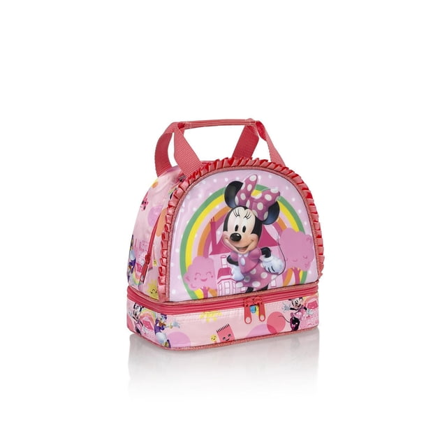 Kids Minnie Mouse Deluxe Lunch Bag in pink satin and PVC with Minnie Mouse wearing a polka-dot bow on the front, rainbow and cloud graphics, dual zip compartments including a thermal insulated pocket, and a top handle, ideal for kids' lunch storage and travel.