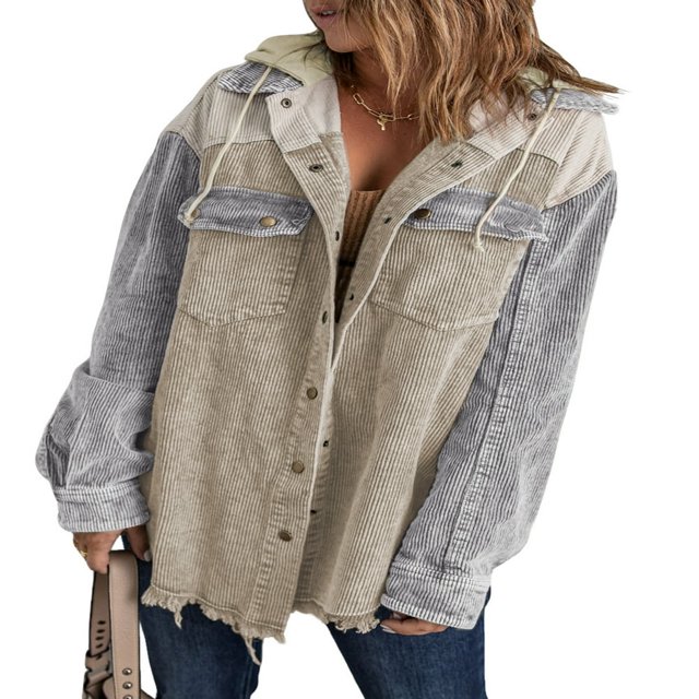 Womens Corduroy Shacket Jacket Long Sleeve Button Down Color Block Hooded Coat with Pockets