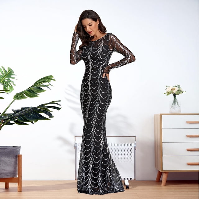 Robe de Soirée pour Femme Grande Taille, Col Rond, Manches Longues, Sirène, Paillettes, Tulle, Longueur au Sol, Robe de Fête, Robe Formelle pour Femme