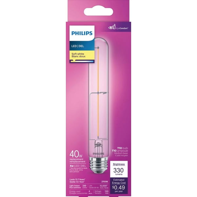 Philips LED 40W T10 Medium Base Soft White (2700K) Bulb 1-Pack showing a clear tubular LED bulb with medium E26 screw base on a pink-purple background, providing 330 lumens brightness, 4 watts energy use, and lasting up to 15,000 hours for energy-efficient soft white home lighting.