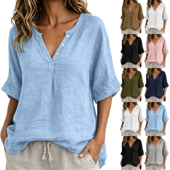 Sentmoon Short Sleeve Womens Tops Summer Solid Color Women Clothing V Neck Button Down Regular Fit Casual Hawaiian Woman Shirts