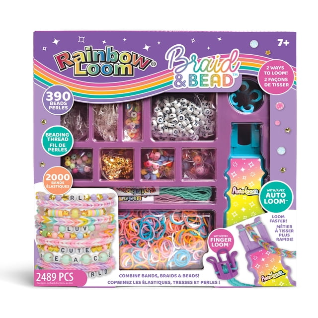 Rainbow Trousse de Tresse et de Perles pour Métier à Tisser avec 2489 Pcs Incluant 2000 Élastiques pastel, 390 Perles en Lettres et en Forme, Fil à Perler, Outil de Métier Automatique en Dégradé Rainbow, Métier à Doigts et Fermoirs Combinés pour Créer des bracelets Tressés et Perlés Rapidement et Facilement.