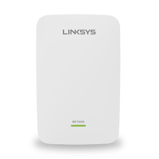 Refurbished Linksys WUSB6100M-CA RE7000 Max-Stream AC1900+ Wi-Fi Range Extender with a slim, compact design in white. Features AC1900+ Wi-Fi speeds for extending home Wi-Fi to hard-to-reach areas like backyards, garages, or bedrooms. Suitable for streaming 4K/HD movies, online gaming, and connecting devices like Smart TVs, tablets, and smartphones. The device plugs into a bottom A/C outlet, leaving the top outlet accessible.