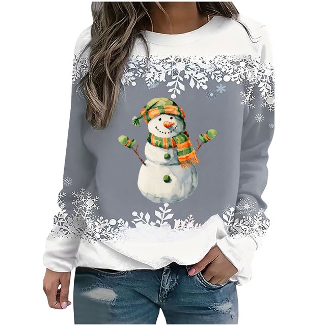 Rbaofujie Chandails à Capuchon Tunique pour Femmes Noël Femmes Mode Décontractée Imprimé Col Rond Ample Manches Longues Hauts Blouse Chandails Gris Chandails à Capuchon pour Ados