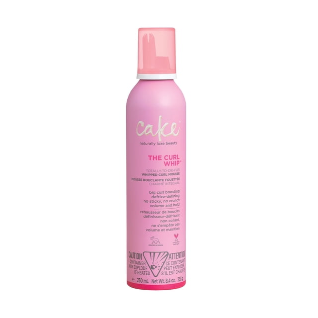 Cake Beauty The Curl Whip whipped curl mousse 250 mL in a pink aerosol can with translucent pink cap, designed for hair styling with big curl boosting, defrizz-defining, no sticky or crunch, volume and hold, cruelty-free and vegan formula ideal for curl control and humidity protection.