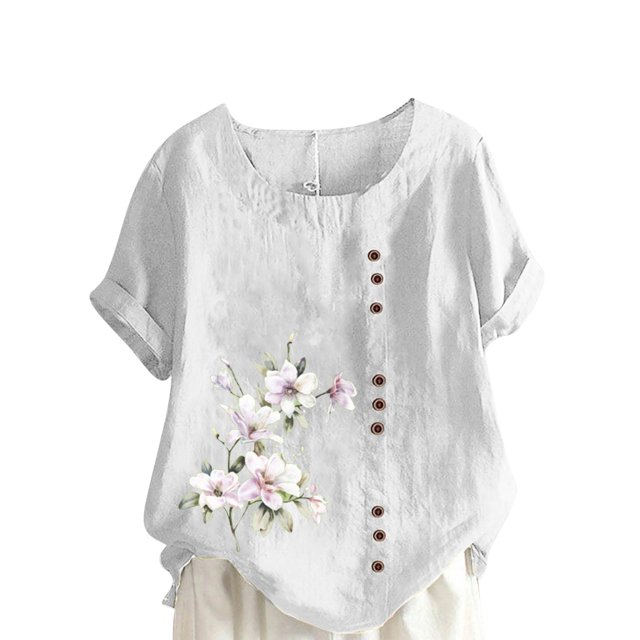 Cameland Hauts pour Femmes Col Rond Manches Courtes Imprimé Floral Chemise Ample