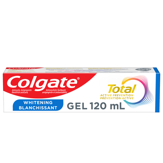 Colgate Gel Dentifrice Blanchissant Total Active Prevention, Menthe, tube de 120 ml en Emballage Rouge et Blanc, un Dentifrice au Fluorure Cliniquement Prouvé pour Réduire la plaque et Prévenir les Caries, la Gingivite, la Sensibilité et le Tartan pour Améliorer la Santé Buccale.