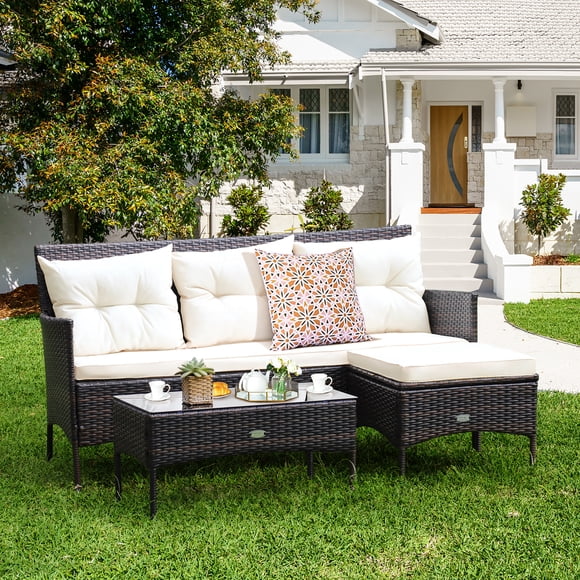 Costway Ensemble de Mobilier de Terrasse en Rotin 3 Pcs Canapé 3 Places Table avec Coussins Jardin