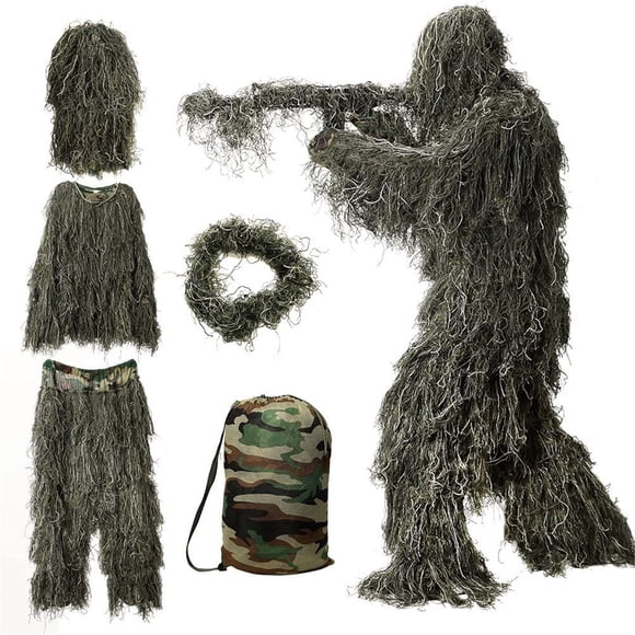 5 in 1 Ghillie Suit, 3D Camouflage Hunting Apparel Including Jacket, Pants, Hood, Carry Bag