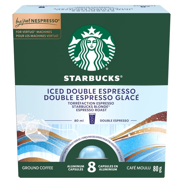 Starbucks Iced Double Espresso for NESPRESSO VERTUO featuring Starbucks Blonde Espresso Roast, in a green and light blue box with 8 recyclable aluminum capsules, each brewing 80 ml of double espresso, designed for iced coffee preparation at home.