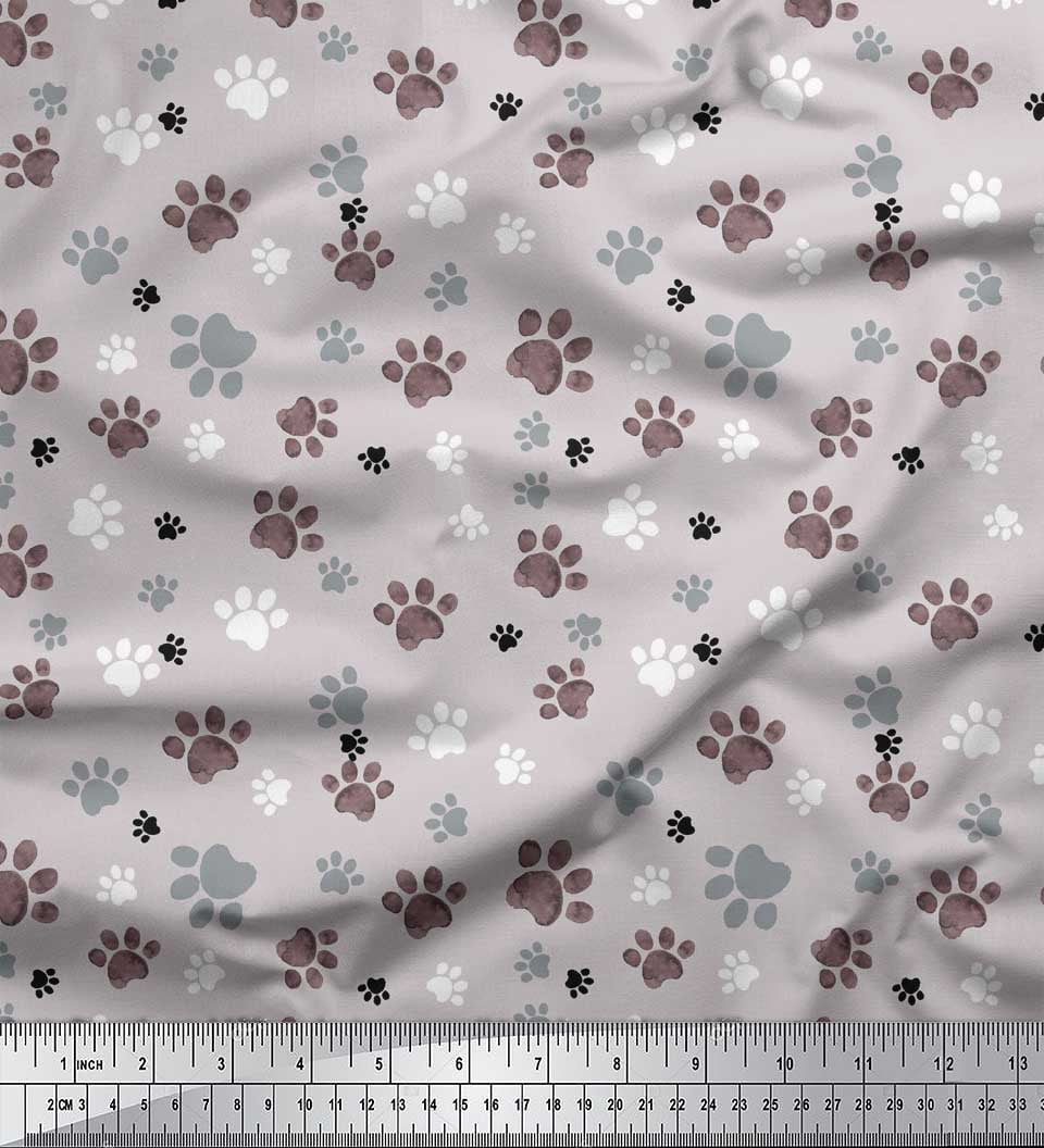 Soimoi Gray Modal Satin Fabric Paw Dog Print Sewing Fabric Yard 42 Inch Wide