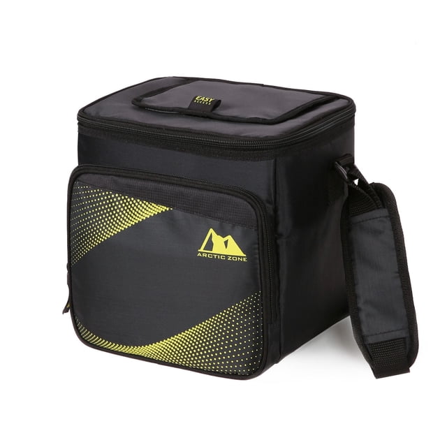 California Innovations Arctic Zone Jumbo HardBody® Lunch Box in black with yellow dotted wave design on front zippered pocket, featuring an easy access lid, adjustable padded shoulder strap, and Arctic Zone logo, with high density thermal insulation and leak proof HardBody® liner to keep food cold and protected, also suitable for storing small electronics or personal items.