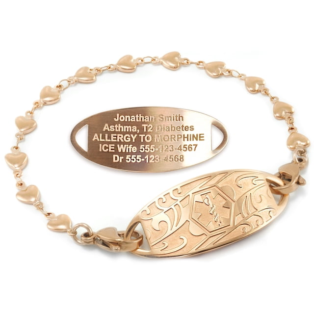 MedicEngraved Rose Gold Stainless Steel Custom Medical Alert Bracelet - 5mm Heart Link