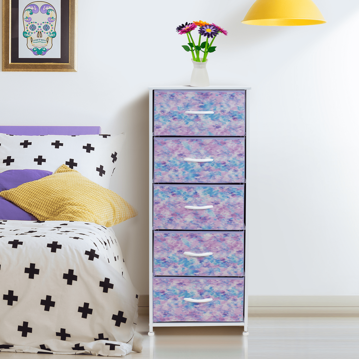 Sorbus Fabric Dresser for Kids Bedroom - Chest of 5 Drawers, Tall Storage Tower, Clothing Organizer, for Closet, for Playroom, for Nursery, Steel Frame, Fabric Bins - Wood Handle (Tie-dye Purple)