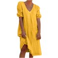 thumbnail image 1 of Robe d'Été pour Femmes Grande Taille en Coton et Lin à Manches Mi-Longues, Col en V, Midi Unie, Robe Décontractée pour Femmes, Robe T-Shirt Ample, 1 of 6