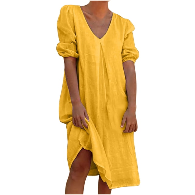 Robe d'Été pour Femmes Grande Taille en Coton et Lin à Manches Mi-Longues, Col en V, Midi Unie, Robe Décontractée pour Femmes, Robe T-Shirt Ample