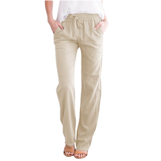 XZNGL Mode Femmes Été Décontracté Ample Coton et Lin Poche Pantalon Uni