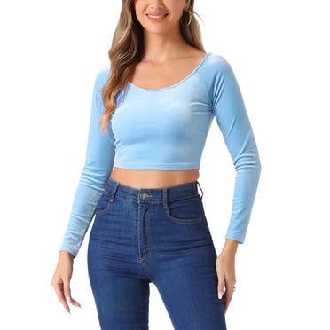 INSPIRE CHIC Women's Halloween Velvet Long Sleeve Off Shoulder Solid Crop Tops S Light Blue