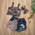 thumbnail image 4 of 3PCS Kids Girls Summer Ruffles Top Shorts Leopard Short Sleeve Pleated Vest Blue Hole Jeans Side Pockets, 4 of 5