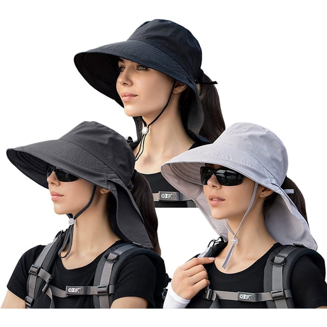 Lot de 3 Chapeaux de Soleil Queue de Cheval pour Femmes avec Rabat de Nuque, Grand Bord, Protection UV, Chapeau Bob, Été, Plage, Pêche, Randonnée, Jardin, UPF 50+