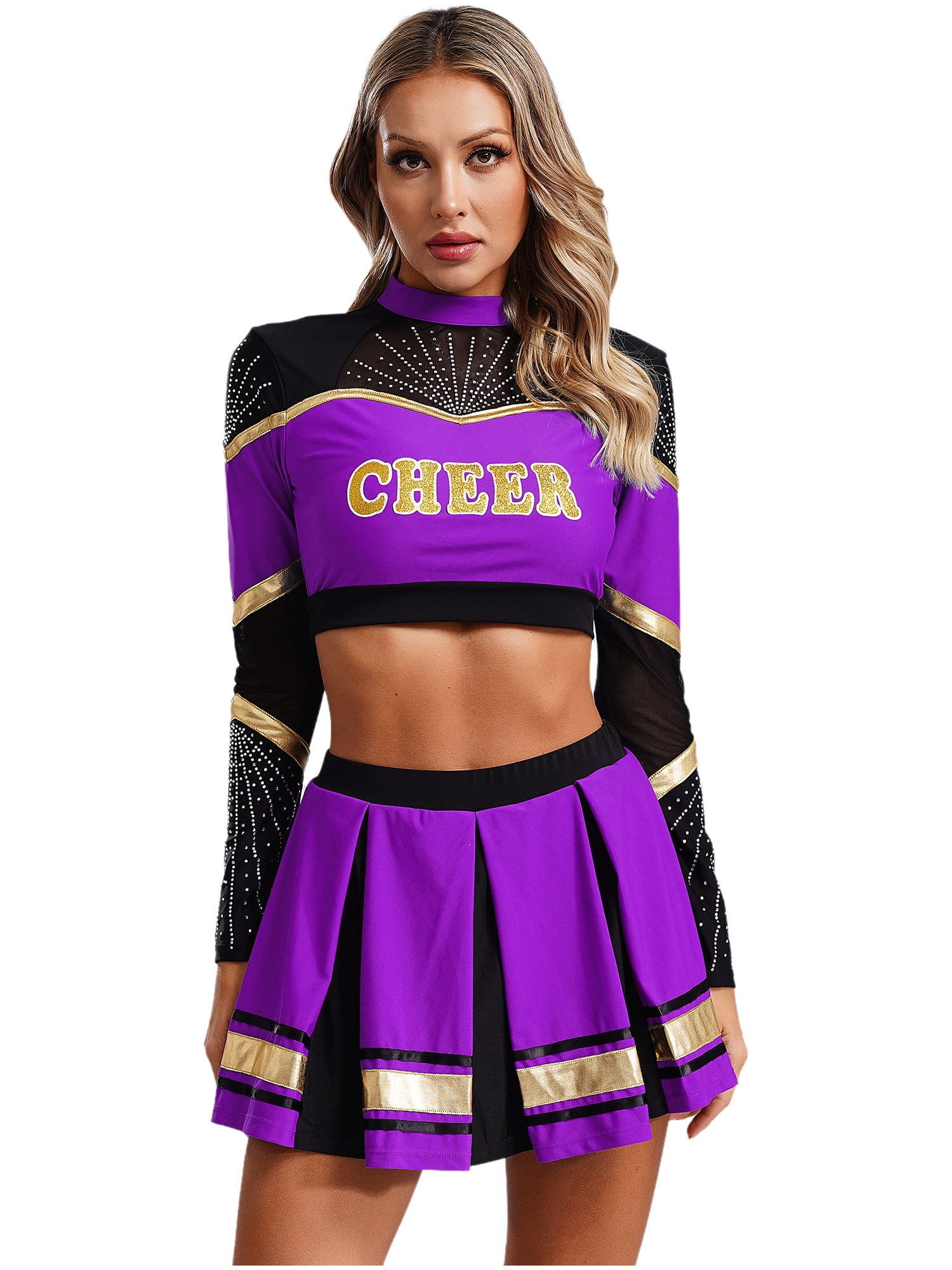 iiniim Costume de Pom-Pom Girl pour Femmes Uniforme de Cheerleading 2 Pcs Tenue Robe Crop Top avec Jupe Mini Plissée Violet TG