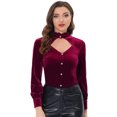 thumbnail image 1 of INSPIRE CHIC Blouse en Velours à Volants, Col Montant, Découpes, Manches Longues, pour Femme, Rouge Vin, P, 1 of 5