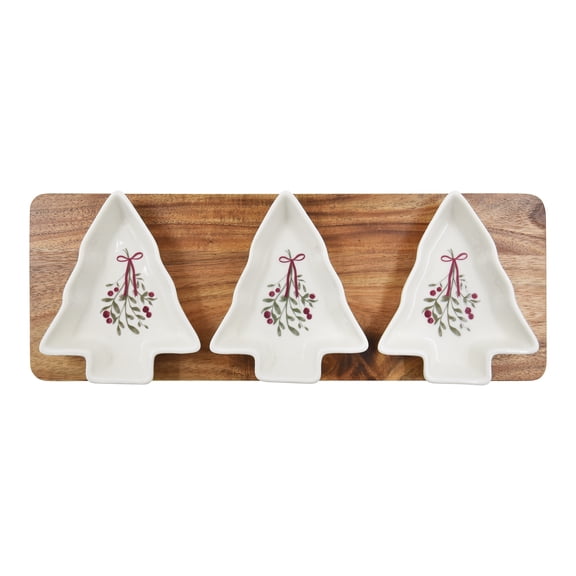 Holiday Time Cranberry Spice Collection Ensemble de 3 bols à collations et trempettes en grès en forme de sapin avec plateau en bois, 4 pièces