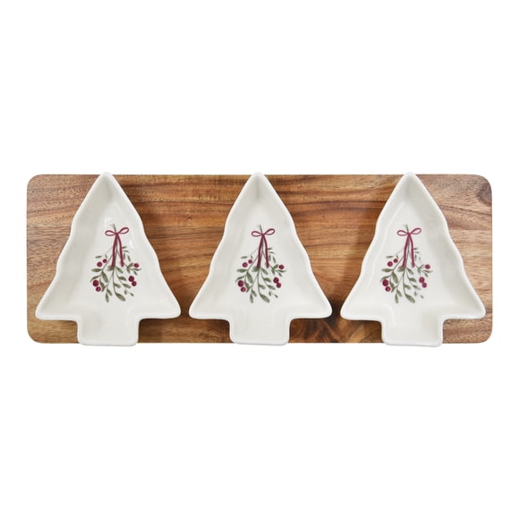 Holiday Time Cranberry Spice Collection Ensemble de 3 bols à collations et trempettes en grès en forme de sapin avec plateau en bois, 4 pièces