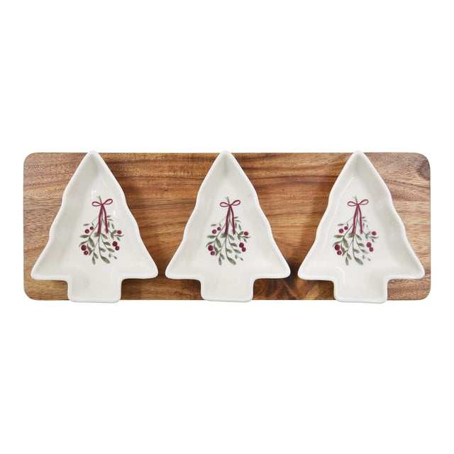 Holiday Time Cranberry Spice Collection Tree 3-Pack Stoneware Serving Snack Dip Bowls on Wood Tray, 4-Piece