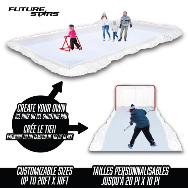 Future Stars Backyard Ice Rink Kit featuring a customizable frame and tarp up to 20 feet by 10 feet, shown as a rectangular rink and shooting pad for hockey practice, with a 6-inch tube height frame that fits uneven ground, ideal for sports field maintenance and outdoor ice skating.