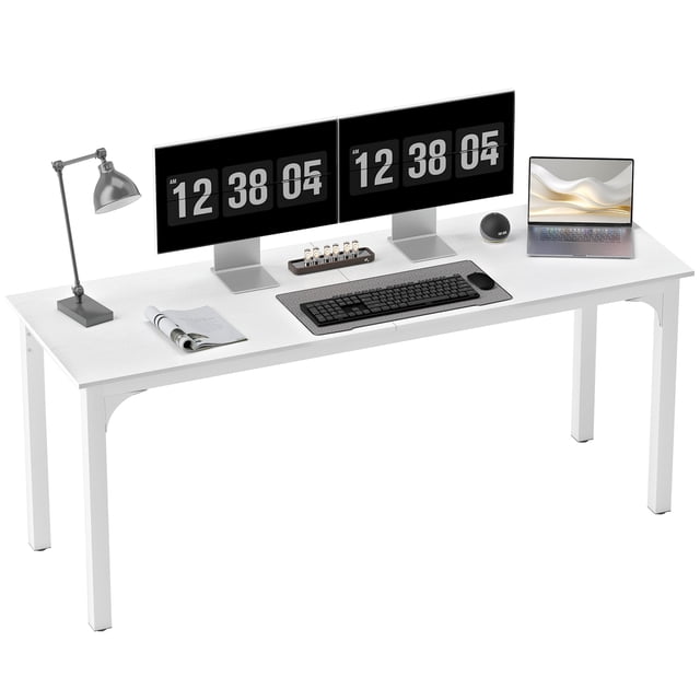 HOMCOM 71" Computer Desk, Study Desk with Metal Legs, White. This industrial-style desk features a spacious white particleboard surface supported by sturdy steel legs with a triangular connection design for stability. The desk accommodates multiple computer monitors and includes adjustable foot pads for uneven floors. It is versatile for use as a home office desk, dining table, or small conference table. Dimensions: 70.9" L x 23.6" W x 29.5" H.