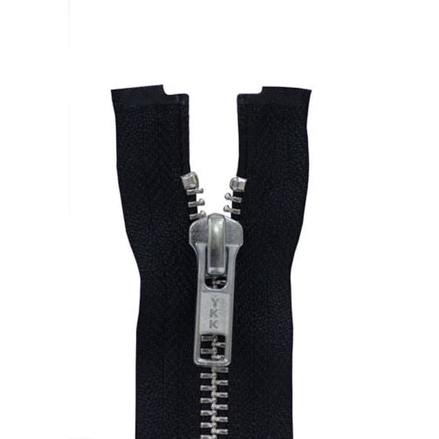 Costumakers One-Way Separating Zipper 60 cm (24) with #10 silver metal teeth on navy tape, featuring a YKK metal slider in close-up front view. Engineered as a sewing fastener for heavyweight coats and jackets.