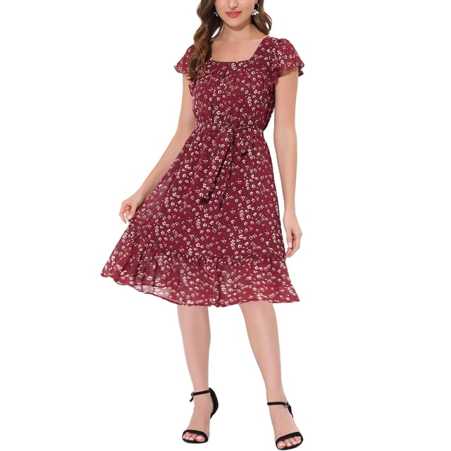INSPIRE CHIC Robe pour Femme Florale à Encolure Carrée, Manches Volantées Style Cap, Midi à Volants, Robe d'Invitée de Mariage m Bourgogne