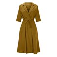 thumbnail image 4 of CEHVOM Robe Décontractée pour Femme en Coton et Lin, Couleur Unie, Manches Mi-Longues, à Lacets, Col à Revers, Solde, 4 of 5