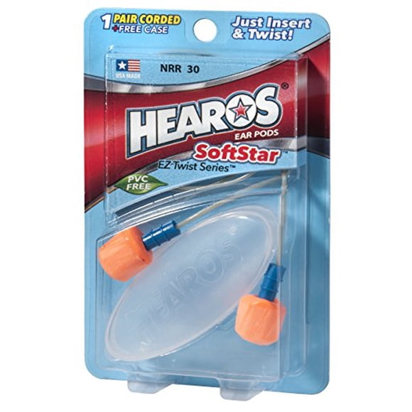 Hearos SoftStar EZ Twist Corded Foam Ear Plugs, Free Case, NRR 30, 1 Pair,Orange,5521