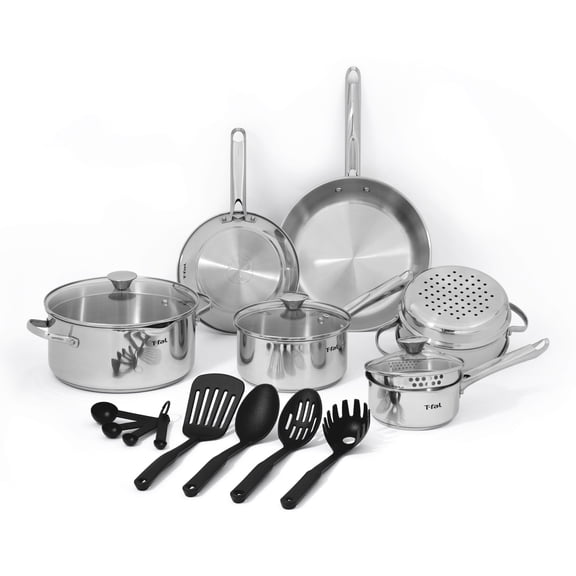T-fal Cook and Strain Acier Inoxydable, Batterie de Cuisine 14 Pièces, Base Compatible avec l'Induction, avec Couvercles Passoires en Verre, Va au Four et au Lave-Vaisselle, Argent