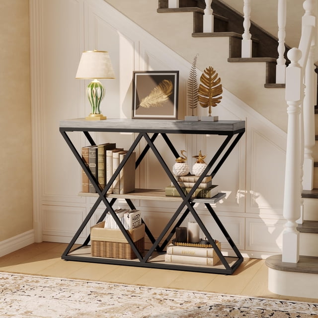 3-Tier Industrial Entryway Console Table - X-Shaped Metal Frame & Open Storage Shelves, Ideal Hallway Accent Table