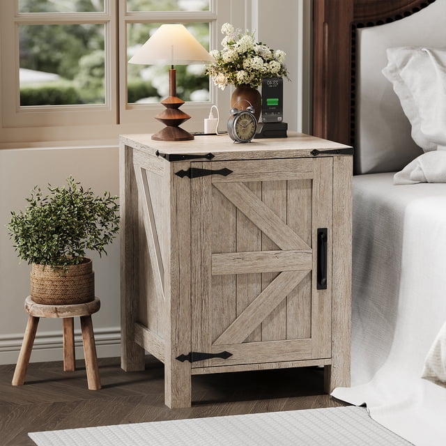 AKDSteel Farmhouse Nightstand With Usb Charging Station, Rustic 18" Bedside Table With Sliding Barn Door And Two-Tier Storage