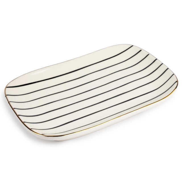 Thyme & Table Line Appetizer Platter, a rectangular white ceramic plate with rounded corners, thin black horizontal stripes, and a gold rim, ideal for dining and entertaining with appetizers, cheeses, or small snacks.