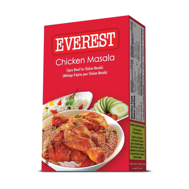 Everest Chicken Masala 100g box with red packaging featuring white text and a detailed image of a bowl of Indian chicken curry served with rice and cucumber slices, highlighting its authentic Indian spice blend ideal for flavorful chicken dishes and traditional cooking.