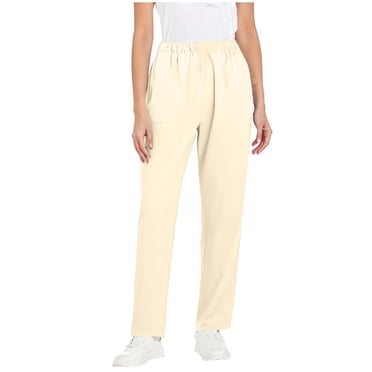 Lovzfmll Medical Scrubs for Women, Straight Leg Stretch Waist Pants, Solid Color Professional Work Uniform Beige, 2XL